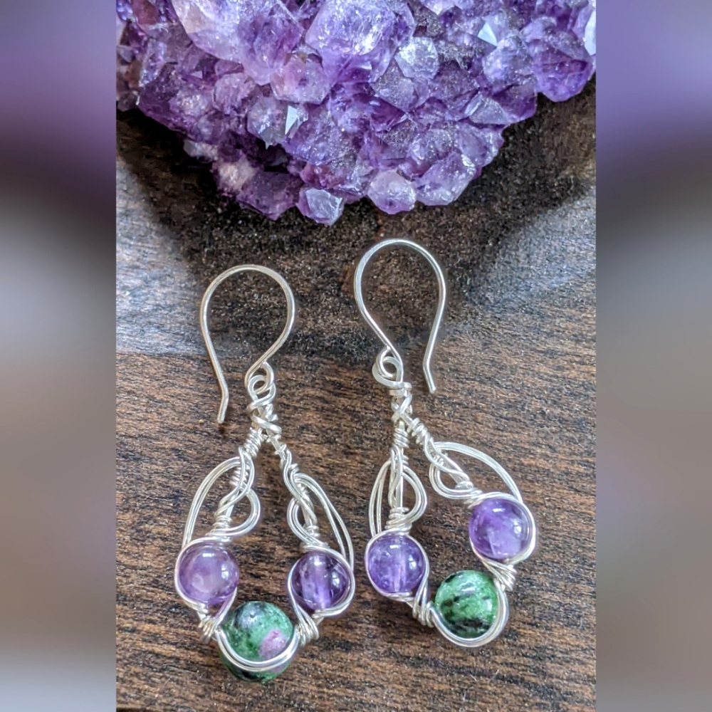 Artisanal Sterling Silver Earrings Amethyst And Ruby Zoisite Gemstones - Picture 6 of 11